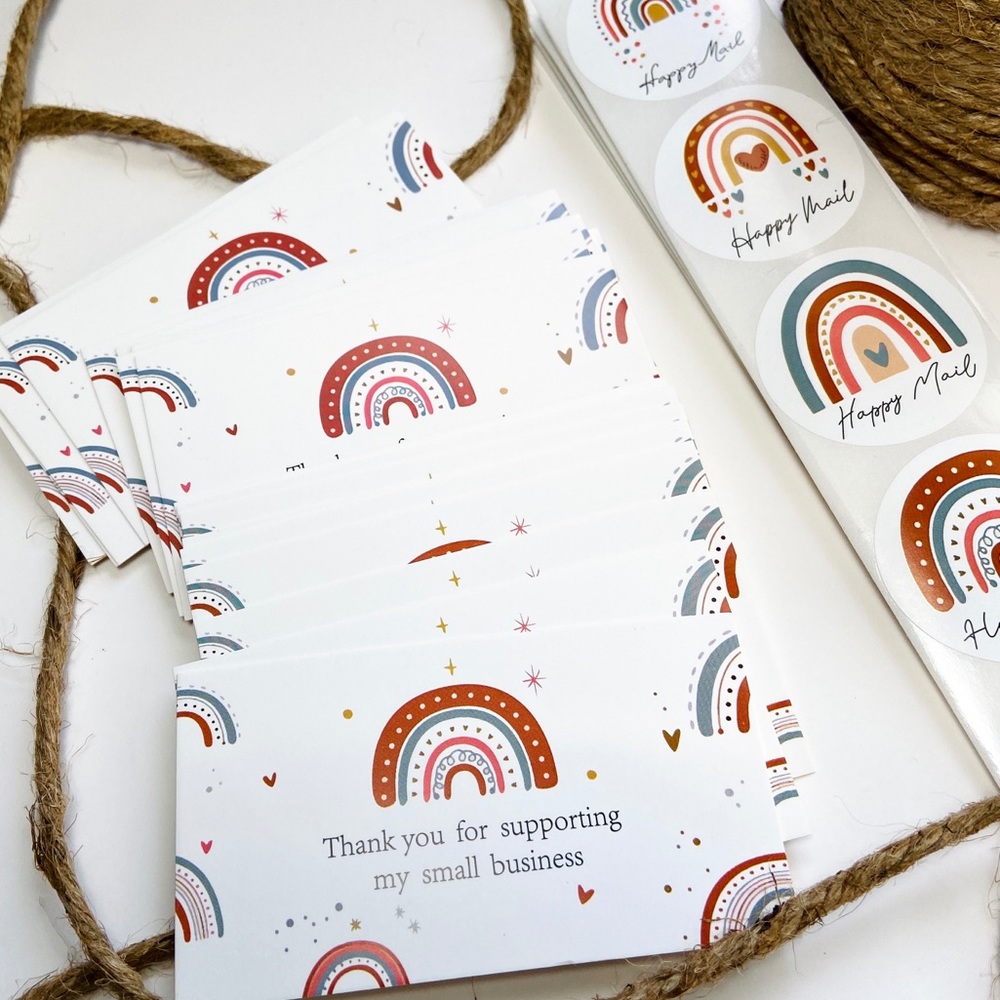 Set of 50 Thank You Cards and 50 Large Boho Rainbow Stickers